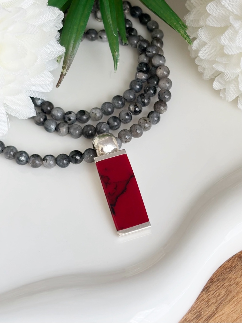 Estate Sterling Silver 925 “Red Turquoise” Howlite Pendant Moonstone Necklace